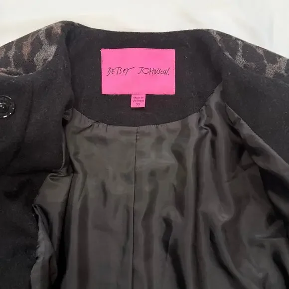 Betsey Johnson Wool Blend Coat Leopard Print Bow Neckline XS Glam - Picture 9 of 12